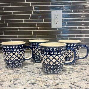 Polish Pottery: Set of 4 Boleslawiec Xandra Blue and White Patterned Mugs